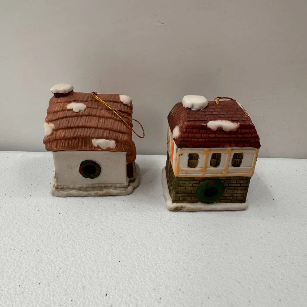 Vintage Porcelain Christmas Village House Bell Ornaments Set‎ 2 Pieces 1990